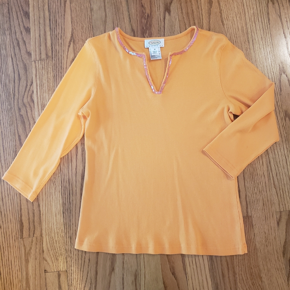 Talbots Peach-Orange Sequin-Trim Split Neck Top Size: MP